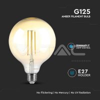 LED žárovka V-TAC 8W Filament E27 G125 Amber 2200K Dimmable Warm White VT-2018D