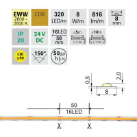 LED pásek COB EWW 320LED/m 8W/m DC 24V 816lm/m CRI90 IP20 modul 50mm 8mm 50m