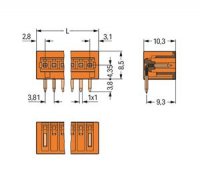 Konektor s pájecími piny THT, pájecí kontakt 1,0x1,0 mm, úhlové, oranžová 2pól.