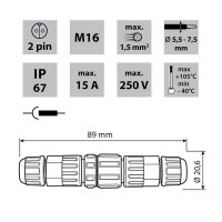 Konektor vidlice + zásuvka, IP67, pájecí, M16, 2piny MCLED ML-112.210.67.2