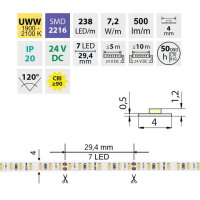 LED pásek SMD2216 UWW, 238LED/m, 7,2W/m, DC 24V, 500lm/m, CRI90, IP20, 4mm, 10m