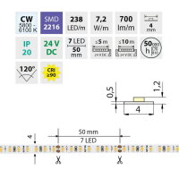 LED pásek SMD2216 CW, 238LED/m, 7,2W/m, DC 24V, 700lm/m, CRI90, IP20, 4mm, 10m