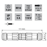 Vidlice + zásuvka M16, 5pinů, IP67, páje MCLED ML-112.411.67.2