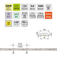 LED pásek SMD2835 EWW 126LED/m 9,6W/m DC 24V 1000lm/m CRI90 IP67 105°C 10mm 5m