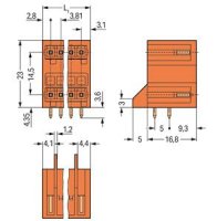 Dvoupatrový konektor s pájecími piny THT, 1,0x1,0mm, úhlové, oranžová 2pól.