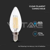 LED žárovka V-TAC 6W Filament E14 Clear Cover svíčka 3000K VT-2127