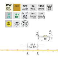 LED pásek COB WW 528LED/m 14W/m DC 24V 1456lm/m CRI90 IP20 modul 45,5mm 10mm 50m