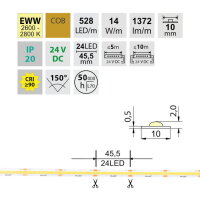 LED pásek COB EWW 528LED/m 14W/m DC24V 1372lm/m CRI90 IP20 modul 45,5mm 10mm 50m