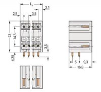 Dvoupatrový konektor s pájecími piny THT, 1,0x1,0mm, úhlové, světle šedá 2pól.