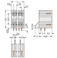 Dvoupatrový konektor s pájecími piny THT, 1,0x1,0mm, úhlové, světle šedá 2pól.