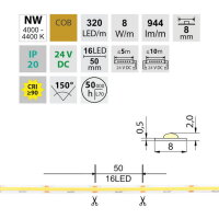 LED pásek COB NW 320LED/m 8W/m DC 24V 944lm/m CRI90 IP20 modul 50mm 8mm 50m