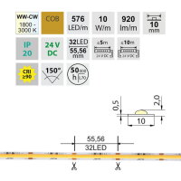 LED pásek COB dual white - dim to warm 10W  DC24V 920lm/m CRI90 IP20 10mm