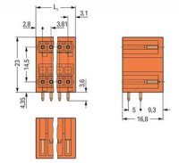 Dvoupatrový konektor s pájecími piny THT, 1,0x1,0mm, úhlové, oranžová 2pól.