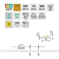 LED pásek COB RGB + CCT 840LED/m 18W/m DC24V 990lm/m CRI90 IP20 12mm 50m