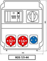 Zásuvková rozvodnice 1x3243+1x1643+1x230V, jištěná, se spínačem (reverz.), IP54