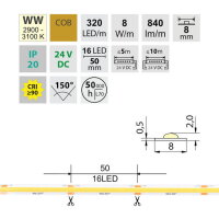 LED pásek COB WW 320LED/m 8W/m DC 24V 840lm/m CRI90 IP20 modul 50mm 8mm 50m