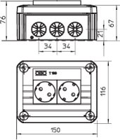 Odbočná krabice OBO T 100 2MSD WS se 2 zásuvky Schuko 33° bílými 150x116x67 šedá