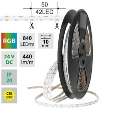 LED pásek COB RGB, 840LED/m, 15W/m, DC 24V, 440lm/m, IP20, modul 50mm, 10mm, 50m