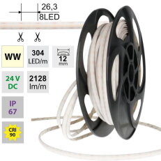 LED pásek Dot-Free WW, 304LED/m, 19W/m, DC 24V, 2128lm/m, CRI90, IP67, 12mm, 50m