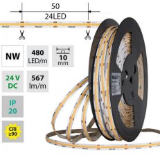 LED pásek COB NW, 480LED/m, 5W/m, DC 24V, 567lm/m, CRI90, IP20, 10mm, 5m