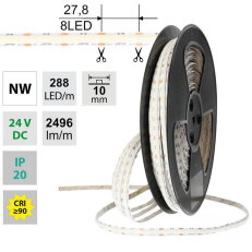 LED pásek COB NW 288LED/m 19,2W/m DC24V 2496lm/m CRI90 IP20 10mm 50m