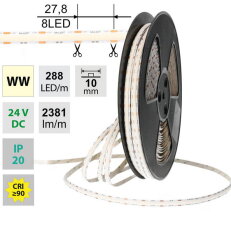 LED pásek COB WW 288LED/m 19,2W/m DC24V 2381lm/m CRI90 IP20 10mm 50m