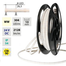 LED pásek Dot-Free WW, 304LED/m, 19W/m, DC 24V, 2128lm/m, CRI90, IP54, 10mm, 50m