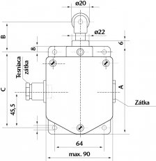 Koncový spínač kovový s kladkou a čepem, šířka 90mm UER 10G 22/10