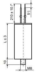 Světelný kompenzační kondenzátor 9uF 30x75mm dráty 210mm šroub M8 LCP0090021