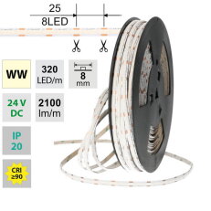 LED pásek COB WW 320LED/m 16,8W/m DC 24V 2100lm/m CRI90 IP20 modul 25mm 8mm 50m