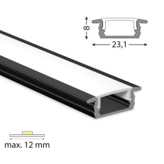 Vestavný hliníkový profil VP, 23x8 mm černý včetně mléčného difuzoru, 1 m