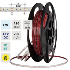 LED pásek SMD2835 CW, 120LED/m, 7,2W/m, DC 12V, 700lm/m, CRI90, IP67, 10mm, 50m