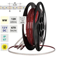 LED pásek SMD2835 WW, 120LED/m, 7,2W/m, DC 12V, 670lm/m, CRI90, IP67, 10mm, 50m