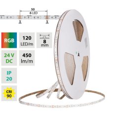 LED pásek SMD2835 RGB, 120LED/m, 14,4W/m, DC 24V, 450lm/m, IP20, 8mm, 50m