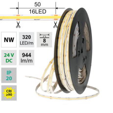 LED pásek COB NW 320LED/m 8W/m DC 24V 944lm/m CRI90 IP20 modul 50mm 8mm 50m