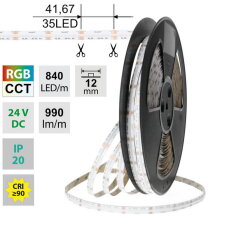 LED pásek COB RGB + CCT 840LED/m 18W/m DC24V 990lm/m CRI90 IP20 12mm 50m