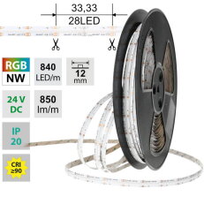 LED pásek COB RGB + NW 840LED/m 18W/m DC24V 850lm/m CRI90 IP20 12mm 50m