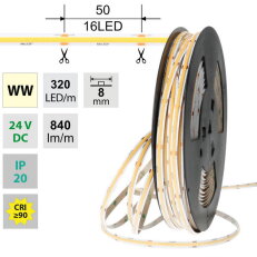 LED pásek COB WW 320LED/m 8W/m DC 24V 840lm/m CRI90 IP20 modul 50mm 8mm 50m