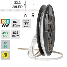 LED pásek COB RGB + WW 840LED/m 18W/m DC24V 833lm/m CRI90 IP20 12mm 50m