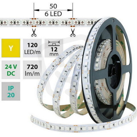 LED pásek SMD5050 Y, 120LED/m, 28,8W/m, 720lm/m, IP20, DC 24V, 12mm, 50m