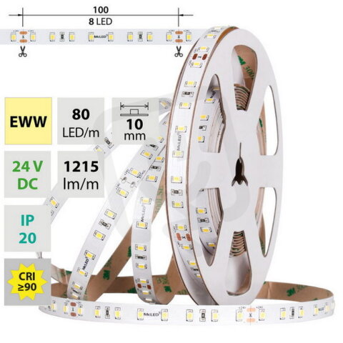 LED pásek SMD2835 EWW, 80LED/m, 7,2W/m, DC 24V, 1215lm/m, CRI90, IP20, 10mm, 5m