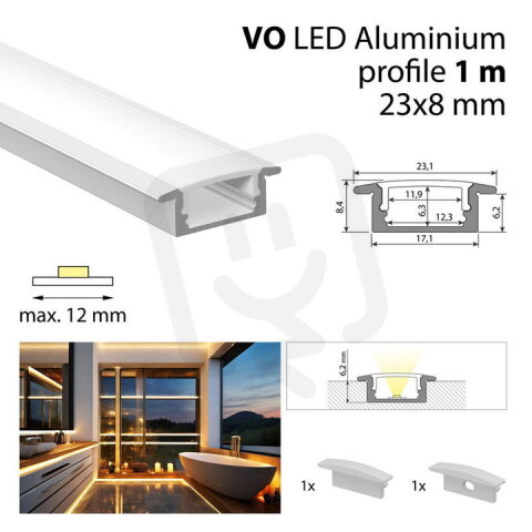 Vestavný hliníkový profil VO 1m mléčný difuz, 2x koncovka MCLED ML-761.010.43.S1