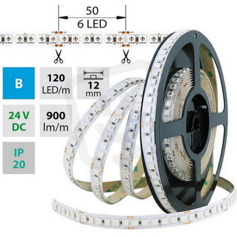 LED pásek SMD5050 B, 120LED/m, 28,8W/m, 900lm/m, IP20, DC 24V, 12mm, 50m