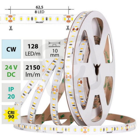 LED pásek SMD2835 CW 128LED/m 11,5W/m DC 24V 2150lm/m CRI90 IP20 10mm 50m