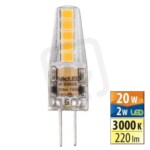 LED žárovka G4, 12V, 2W, 3000K, CRI80, vyz. úhel 300°, 360° 220lm, 160mA