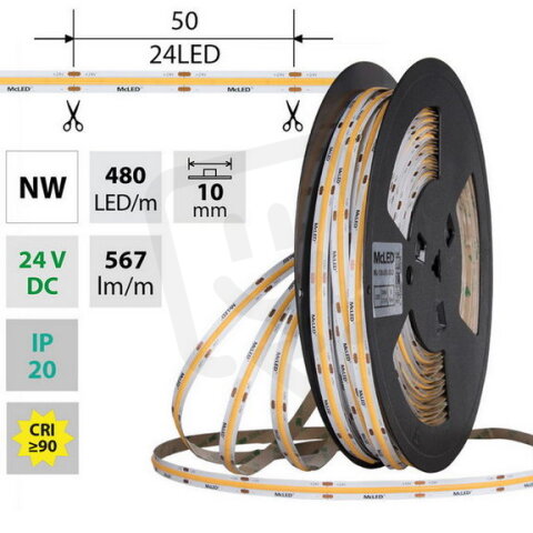 LED pásek COB NW, 480LED/m, 5W/m, DC 24V, 567lm/m, CRI90, IP20, 10mm, 5m