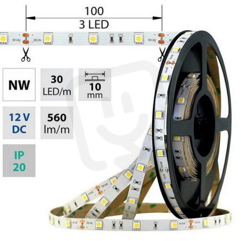 LED pásek SMD5050 NW, 30LED, 5m, 12V, 7,2 W/m MCLED ML-121.664.60.0