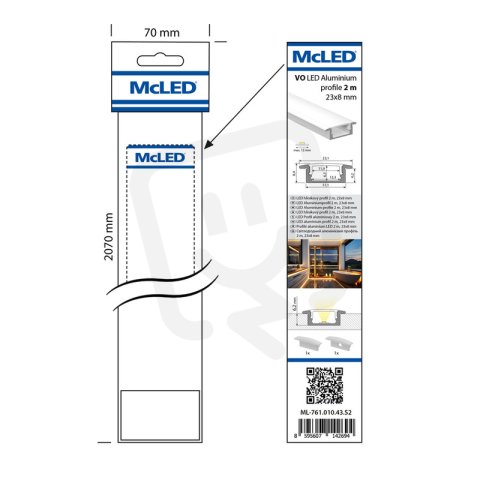 Vestavný hliníkový profil VO 2m mléčný difuz, 2x koncovka MCLED ML-761.010.43.S2