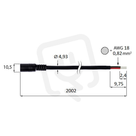 Power konektor zásuvka, volný konec (AWG 18/0,82 mm2), max. 10A, délka 2m