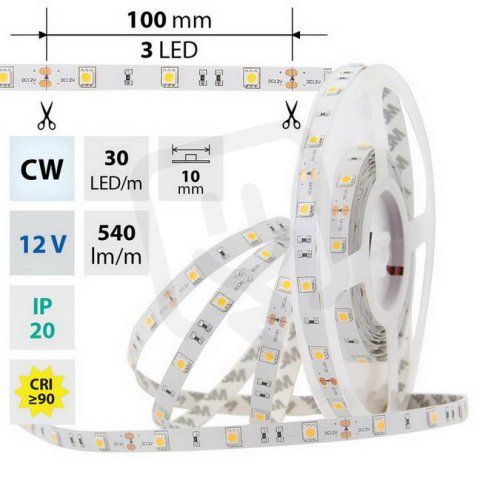 LED pásek SMD5050 CW, 30LED/m,IP20, 5m, 12V, 7,2 W/m MCLED ML-121.578.60.0